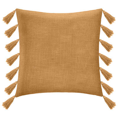 Grand coussin 50×50 en tissus ocre avec pompom