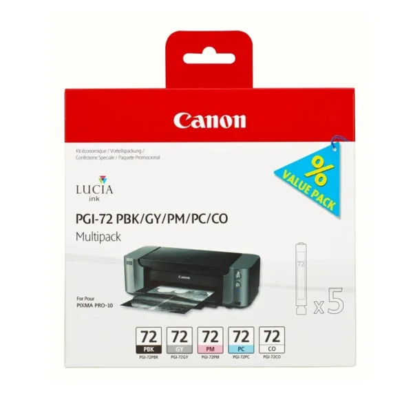 Canon PGI-72 PBK/GY/PM/PC/CO Multipack – pack de 5 – gris, photo noire, photo cyan, photo magenta, optimiseur de couleurs – original – réservoir d’encre