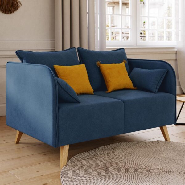 Canapé 2 places compact ultra confort en tissus bleu nuit avec pieds en bois (Fabriqué en Europe)