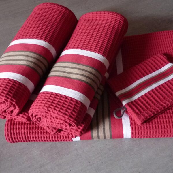 Set de bain complet en coton rouge NID D’ABEILLE