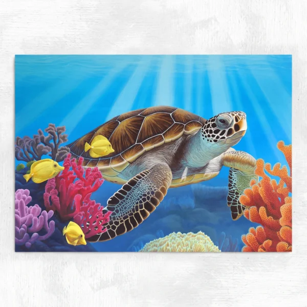 Tableau tortue de mer, poissons et coraux Sérénité océanique