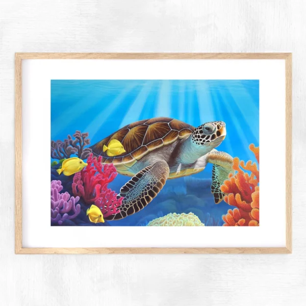 Impression encadrée tortue de mer, poissons et coraux, Sérénité océanique