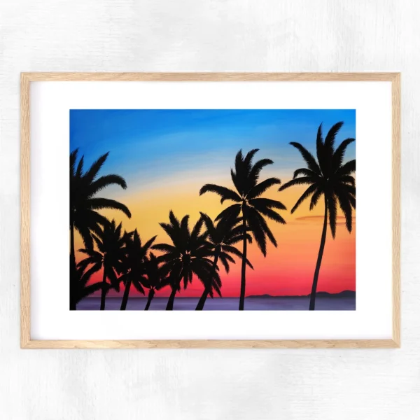 Impression encadrée Coucher de soleil, plage et palmiers 1