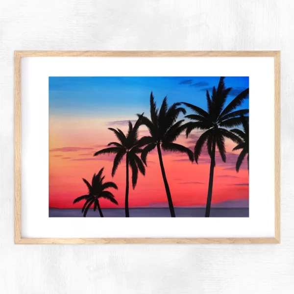 Impression encadrée Coucher de soleil, plage et palmiers 2