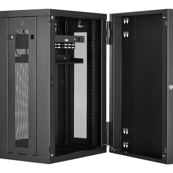 StarTech.com 18U 19″ Wall Mount Network Cabinet, 16″ Deep Hinged Locking IT Network Switch Depth Enclosure, Assembled Vented Computer Equipment Data Rack with Shelf & Flexible Side Panels – 18U Vented Cabinet (RK1820WALHM) – armoire de rack – 18U