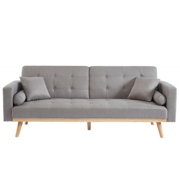Canapé confort convertible 3 places en tissus gris clair pied bois