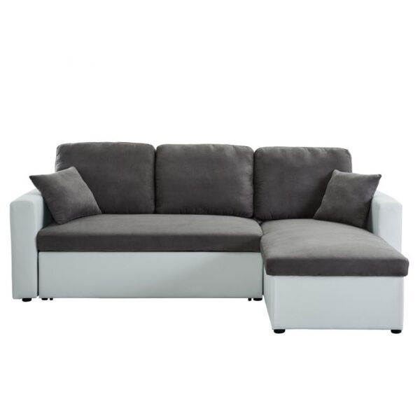 Canapé d’angle convertible et réversible en pu blanc et tissu gris