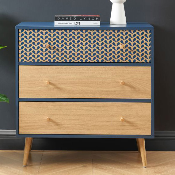 Commode bleu nuit en bois 3 tiroirs