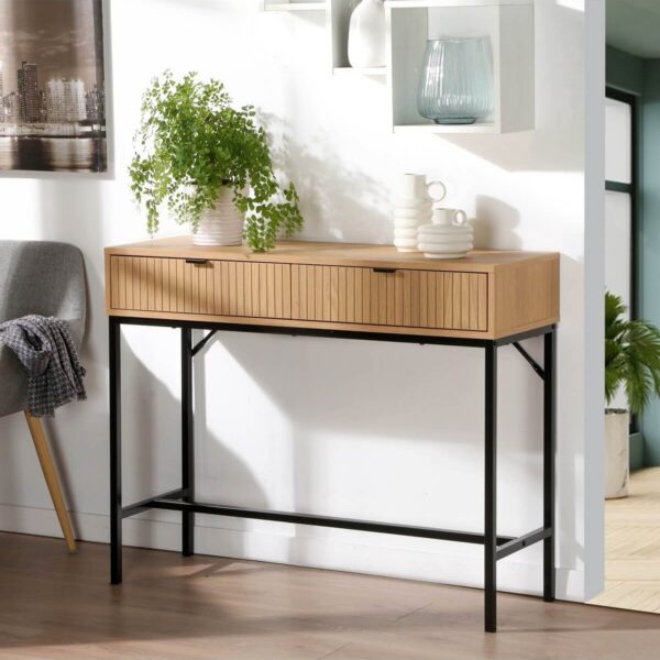 Bureau/console 2 Tiroirs Façade Bois Rainuré – L100 x H80 cm