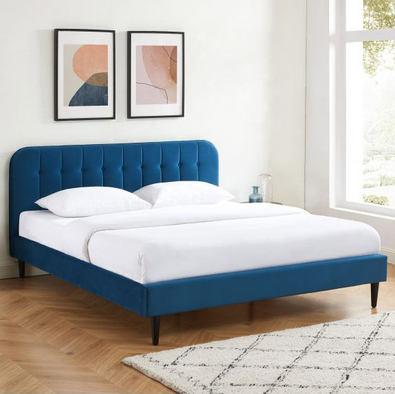Lit en velours bleu nuit 140×190 + sommier à latte