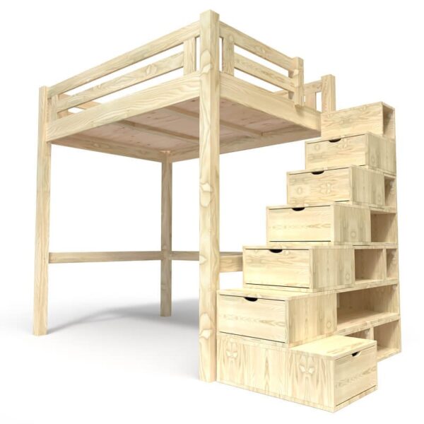 Lit Mezzanine adulte bois + escalier cube hauteur réglable Alpage