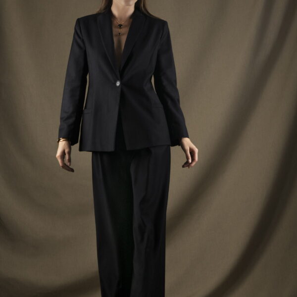 Tailleur noir veste pantalon large laine Illusion rayé rouge