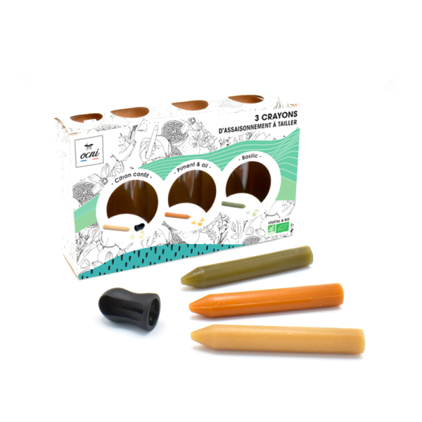 Coffret découverte – 3 crayons : citron confit (bio) + basilic (bio) + piment & ail (bio)