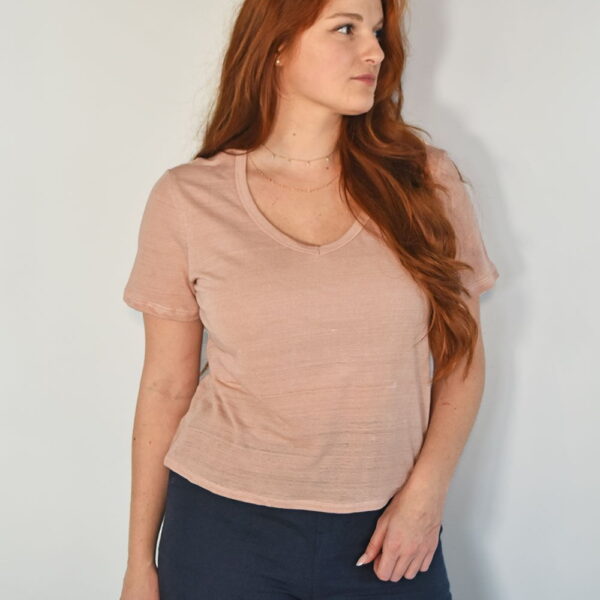 T-shirt zesi femme rose 100% lin, col v