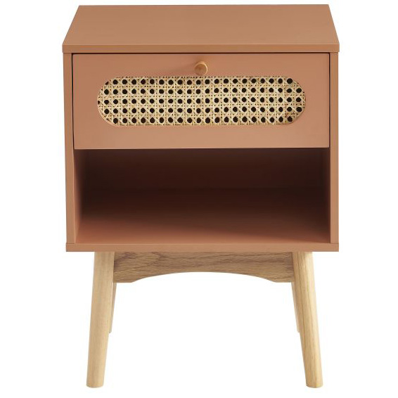 Table de chevet art déco en bois terracotta et cannage rotin 1 tiroirs L40 x P30 x H53,5cm