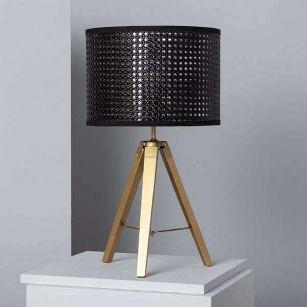 Lampe à poser en métal doré et rotin noir H60